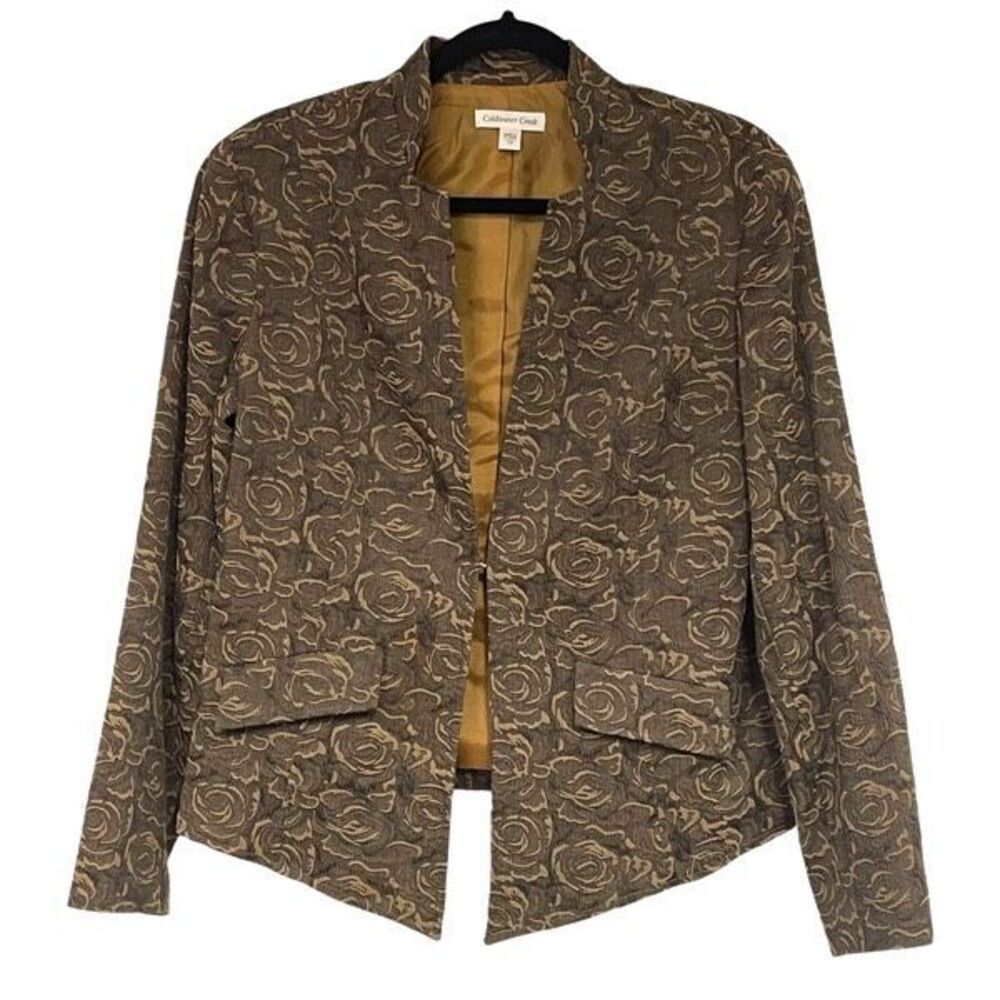 Coldwater Creek Blazer‎ Women's Size 14 Brown Floral Jacquard Pointed Hem